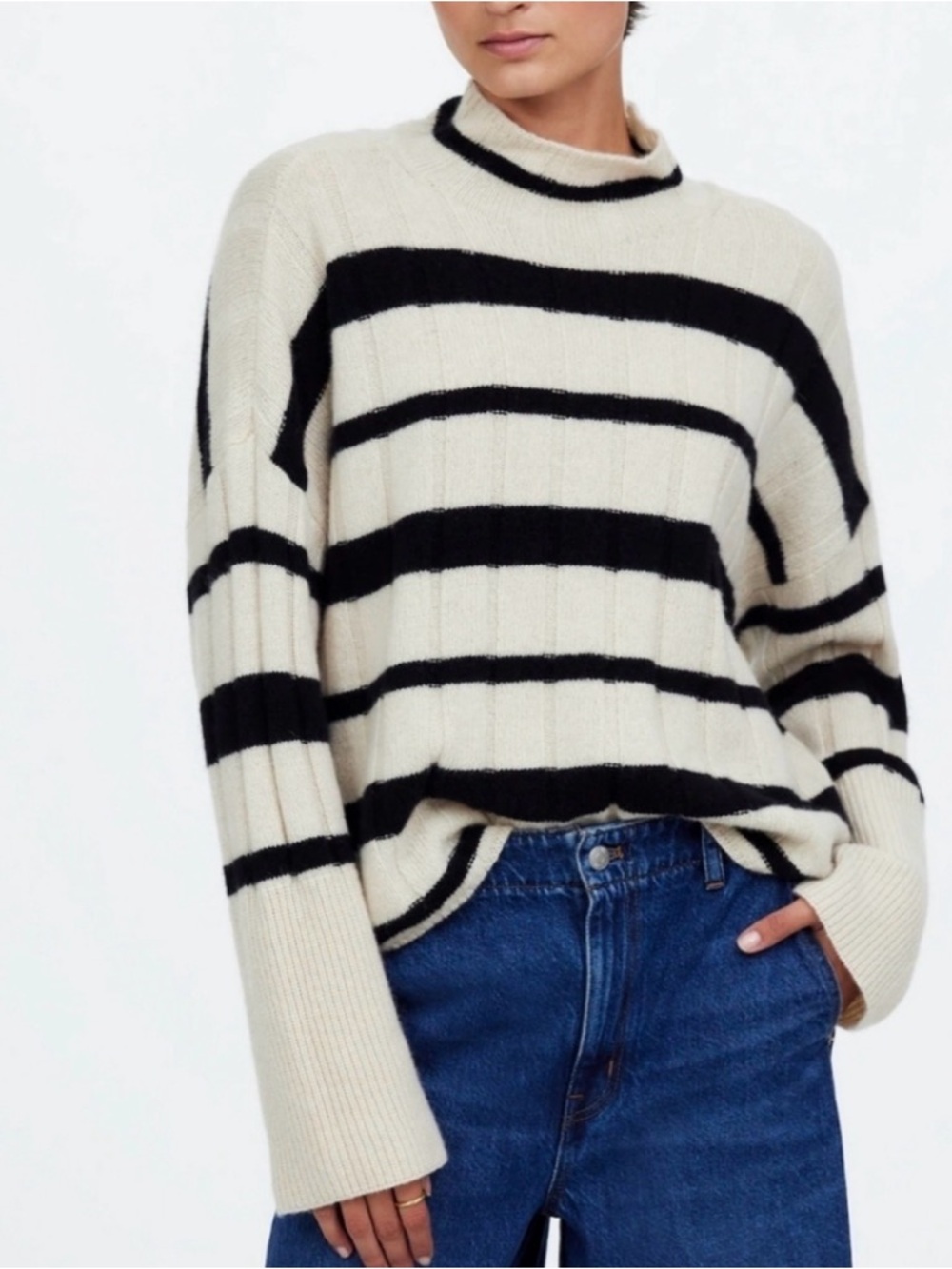Madewell Cream and Black Striped Turtleneck Sweater ribbed cashmere